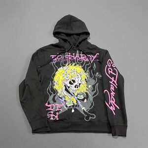 Ed by Ed Hardy Men's XL Charcoal Hoodie "Beauty Ghost" Skull Pink Graphic NWT